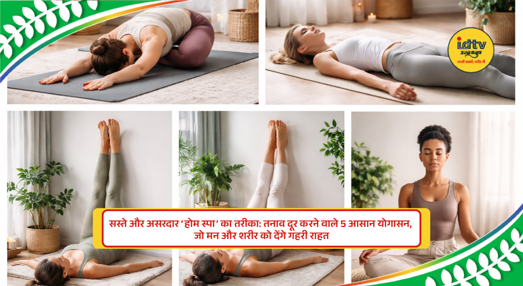 Person practicing relaxing yoga poses at home for stress relief.