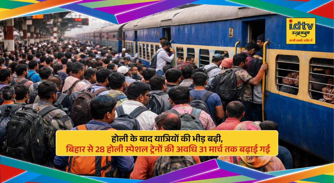 Crowded platform at Patna Junction with passengers boarding Holi special trains to Delhi and other cities