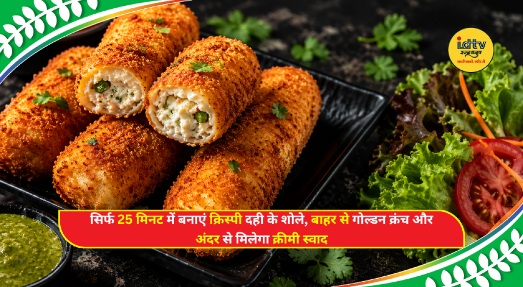 Crispy Dahi Ke Shole served with mint chutney, made using hung curd, paneer filling and golden bread coating.