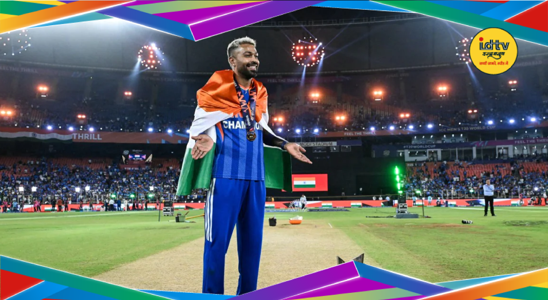 Indian cricketer Hardik Pandya during T20 World Cup celebrations after India defeated New Zealand at Narendra Modi Stadium.