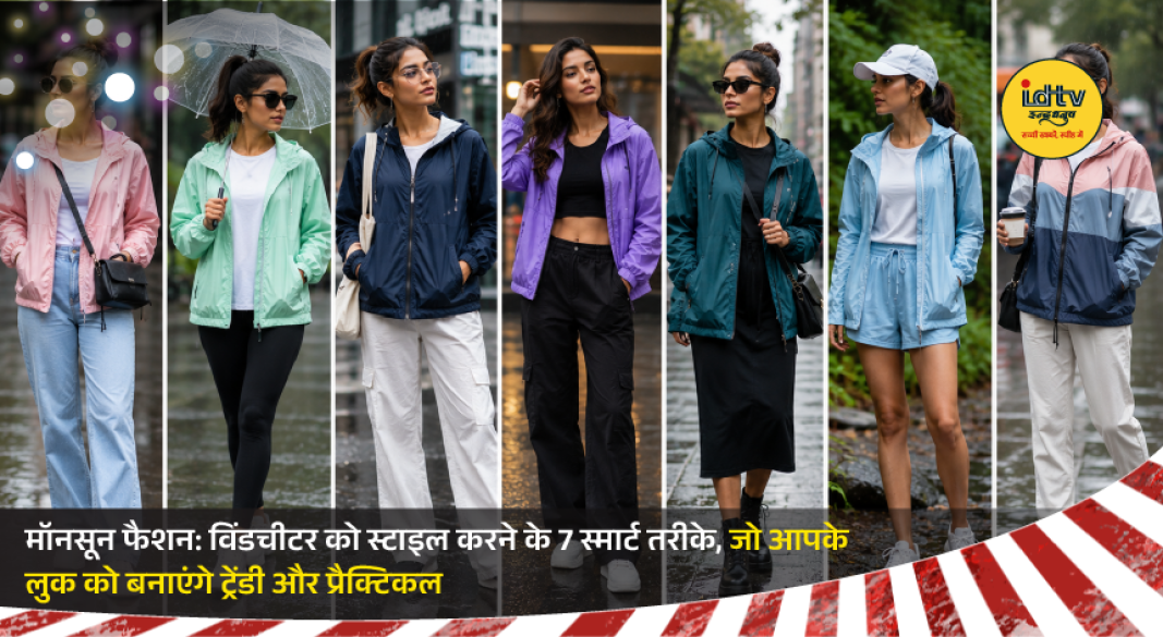 Stylish woman wearing a trendy windcheater layered with monsoon-ready fashion outfits
