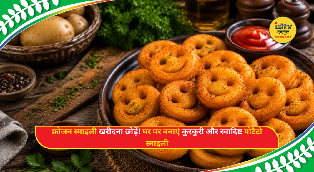 Homemade crispy potato smileys served with tomato ketchup, perfect kids' snack for tiffin and tea time.