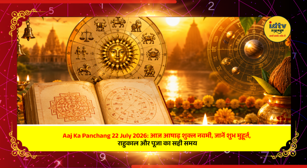 Hindu Panchang for 22 July 2026 showing Ashadha Shukla Navami, auspicious timings, Rahu Kaal, and Ganesh worship details.