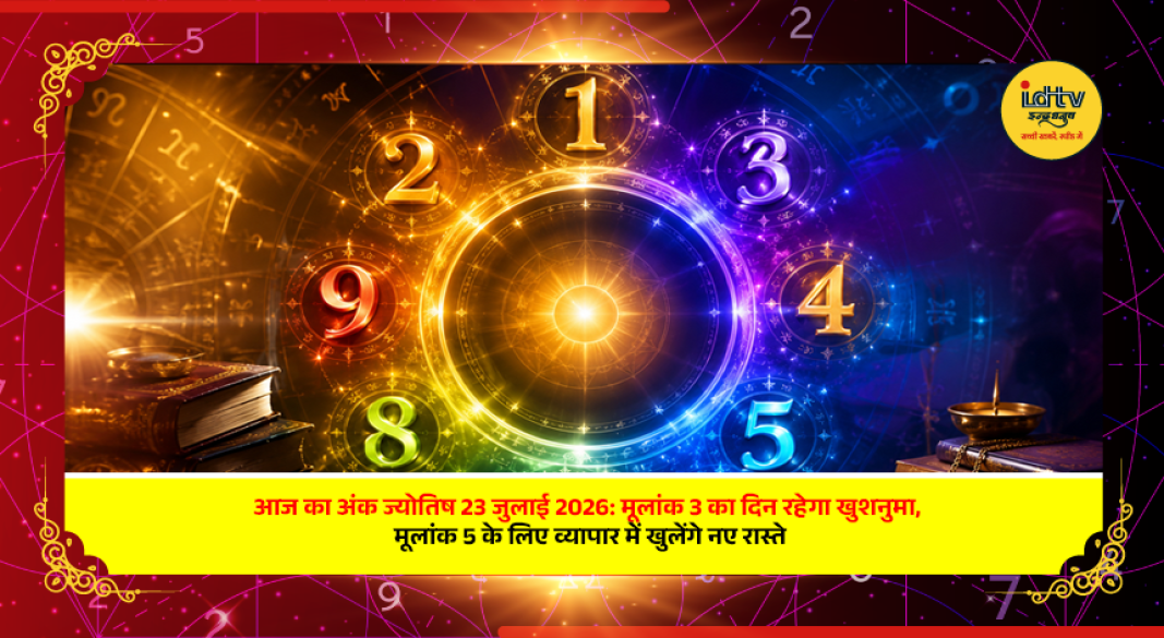 Numerology chart with numbers 1 to 9 highlighting daily predictions, lucky numbers, and colors for July 23, 2026.