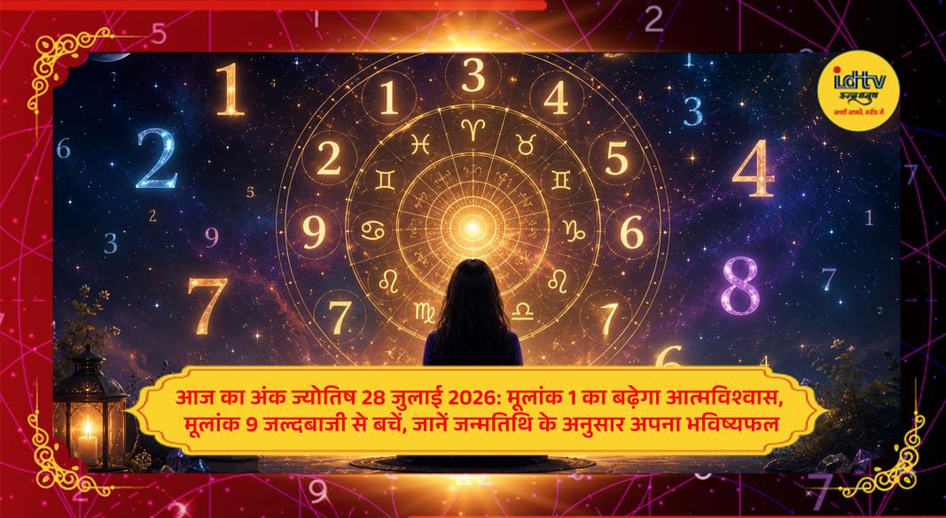 Numerology chart with numbers 1 to 9 and cosmic background representing daily numerology predictions for 28 July 2026.