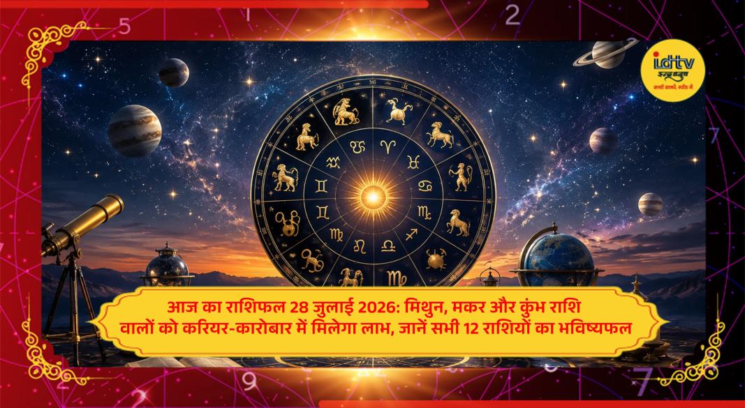 Zodiac wheel with all 12 zodiac signs and planetary positions representing the daily horoscope for 28 July 2026.