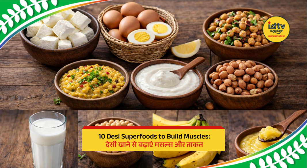 10 desi superfoods including chicken, paneer, eggs, dals, and fish for building muscles and strength naturally.