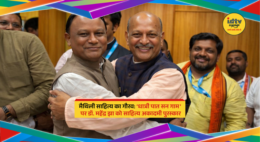 Dr. Mahendra Jha receiving the Sahitya Akademi Award for his Maithili book ‘Dhātṛī Pāt San Gām’