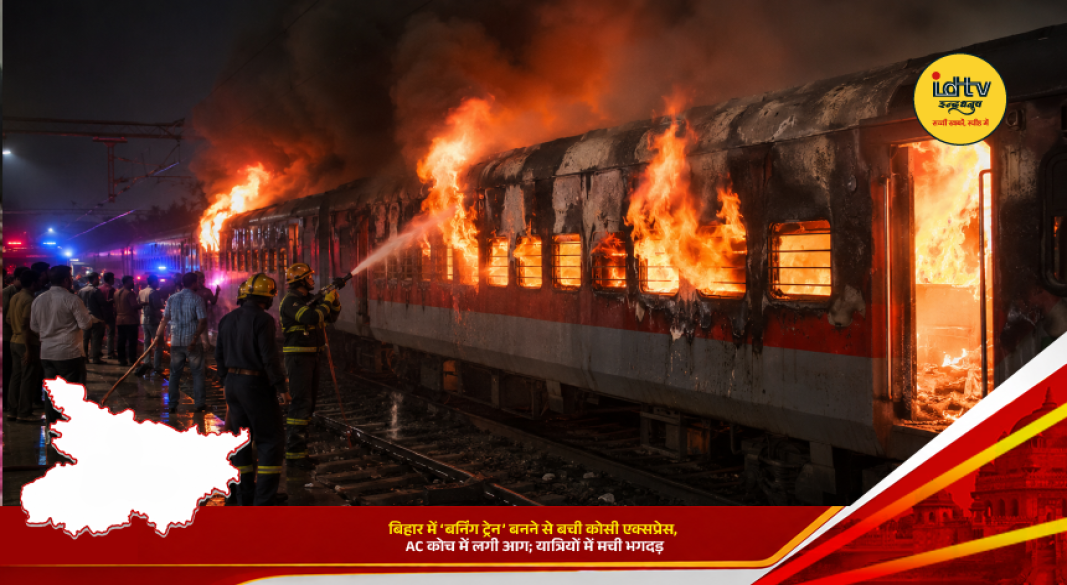 Kosi Express AC coach catches fire near Simri Bakhtiyarpur station in Bihar, causing panic among passengers.