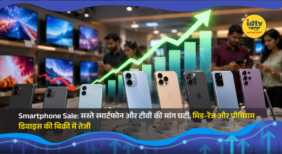 Premium smartphones and large smart TVs displayed in a retail store as demand shifts away from budget devices.