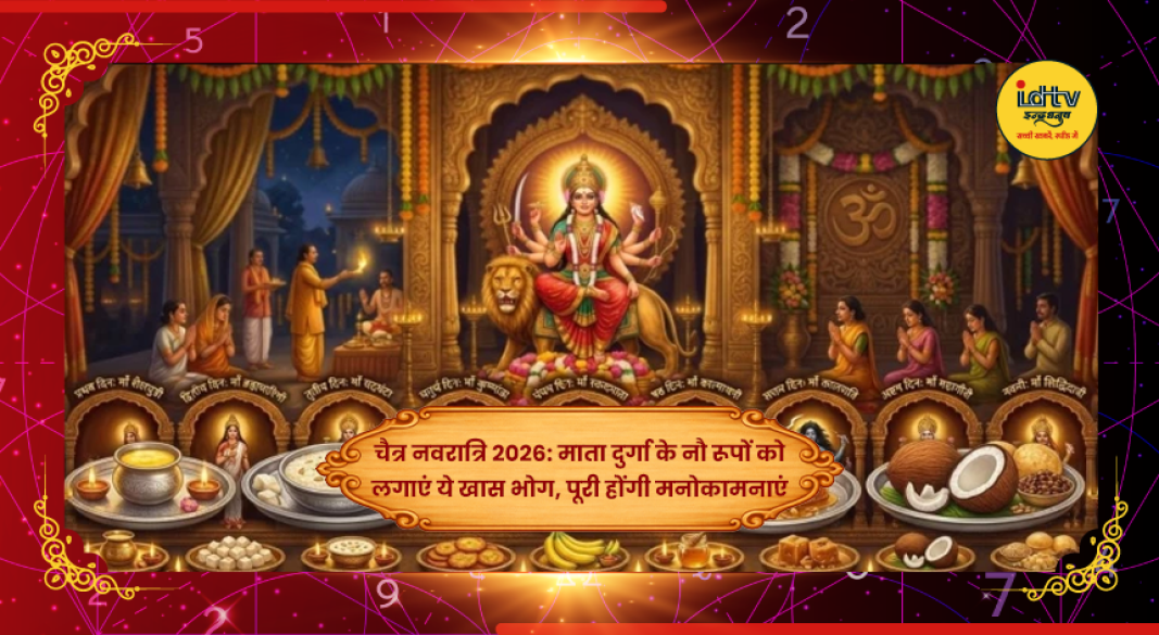 मां दुर्गा के नौ रूप और उनके भोग दर्शाता धार्मिक चित्र