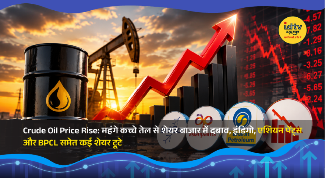 Rising crude oil prices displayed alongside a falling stock market chart highlighting pressure on aviation and energy-related stocks.