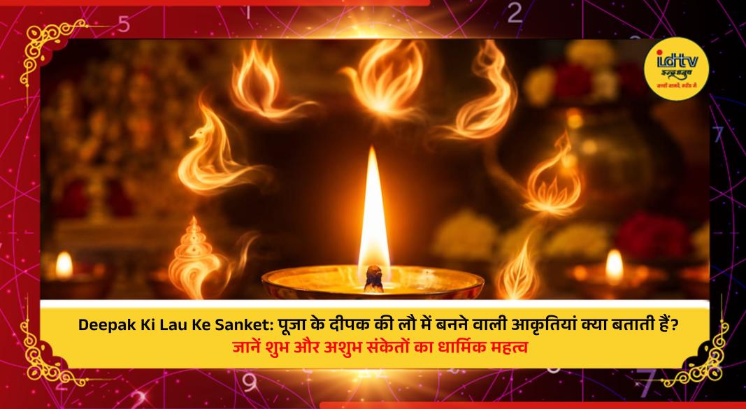 Oil lamp flame during Hindu worship showing symbolic shapes believed to represent traditional spiritual signs and religious meanings.