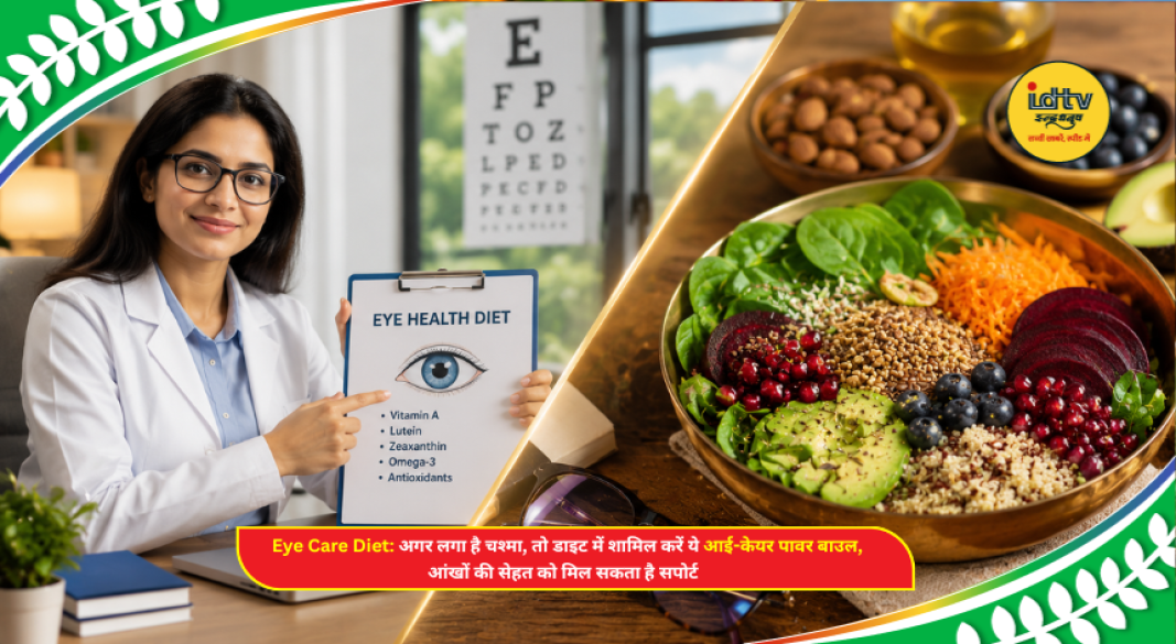 Healthy eye care power bowl with spinach, carrot, yogurt, corn, pumpkin seeds and almonds for daily nutrition.