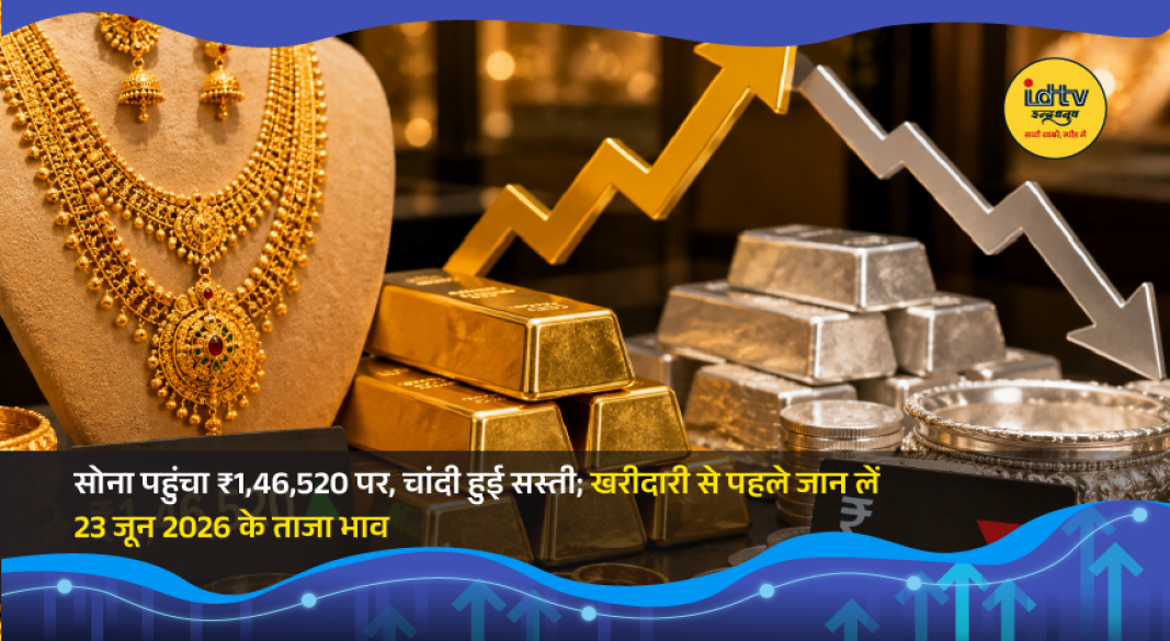 Display of gold and silver jewelry with updated bullion prices for June 23, 2026.
