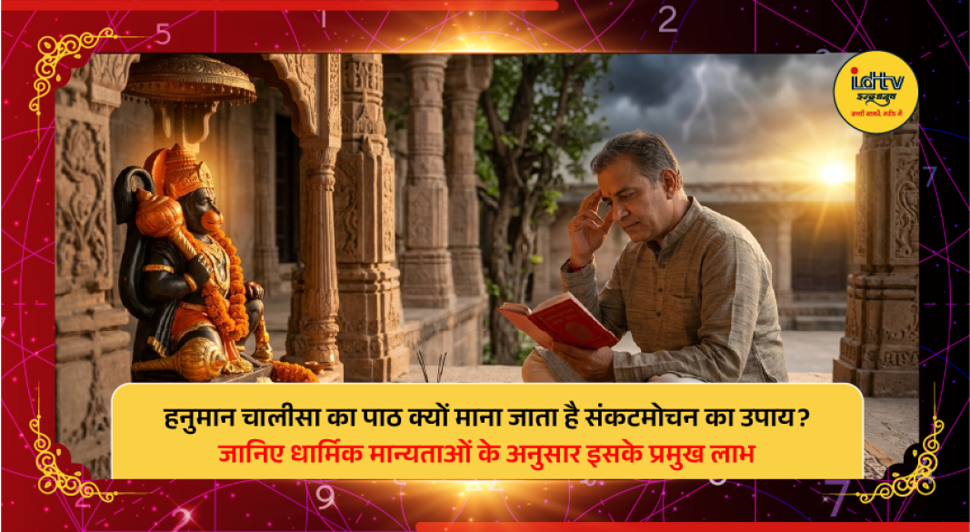 Devotee reciting Hanuman Chalisa before Lord Hanuman idol with a lit diya during prayer.