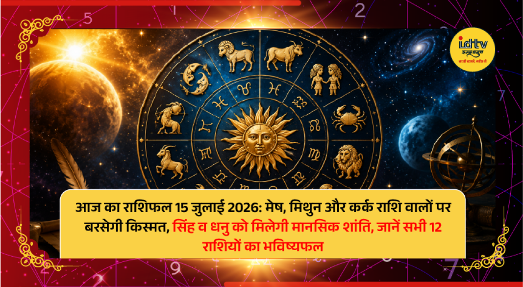 Zodiac wheel featuring all twelve zodiac signs representing the daily horoscope for July 15, 2026.