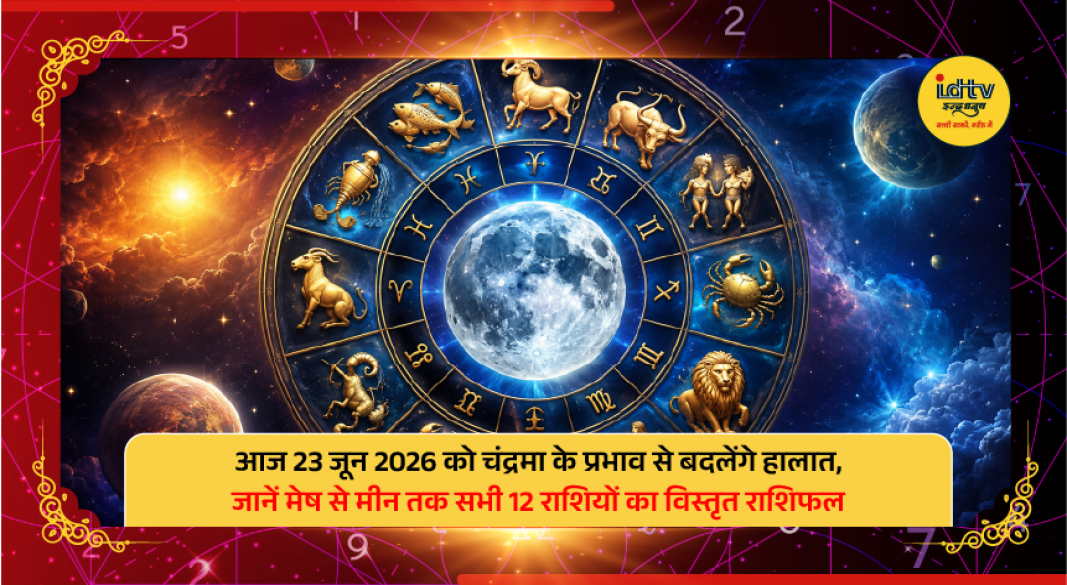 Zodiac wheel featuring all 12 signs with planetary influences for June 23, 2026 daily horoscope.