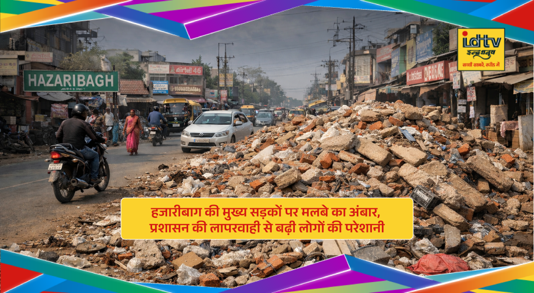 Debris piled along main road in Hazaribagh causing traffic congestion and difficulties for commuters