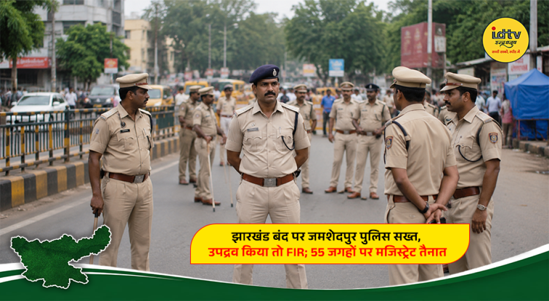 Police personnel deployed at major locations in Jamshedpur during the Jharkhand bandh