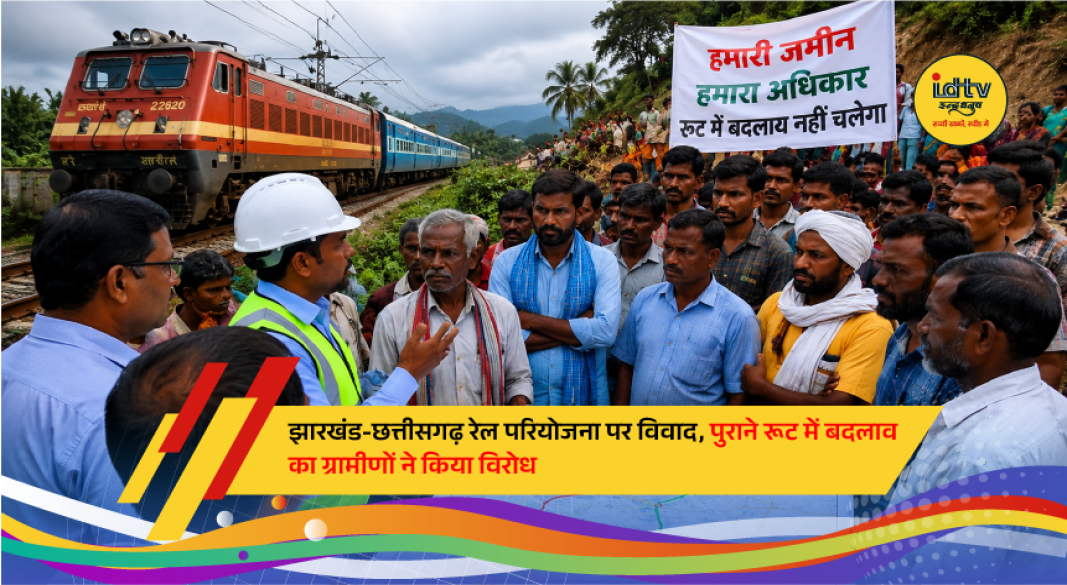 Residents and members of the Rail Line Construction Struggle Committee gather at a public meeting in Garhwa, demanding restoration of the original Barwadih–Chirmiri–Ambikapur railway route.