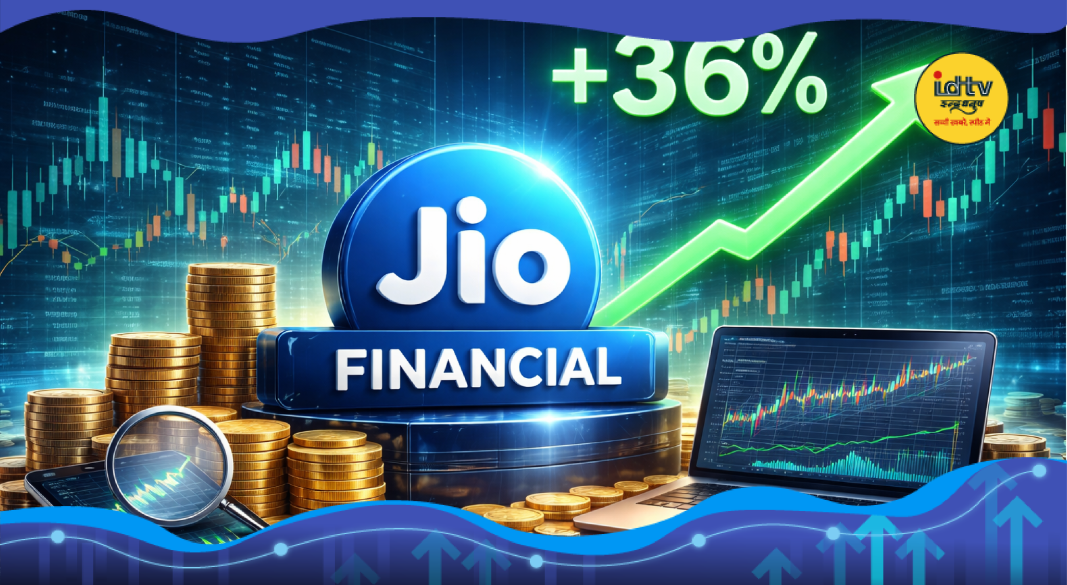 Jio Financial Services logo with stock market chart showing potential rise after Motilal Oswal Buy rating