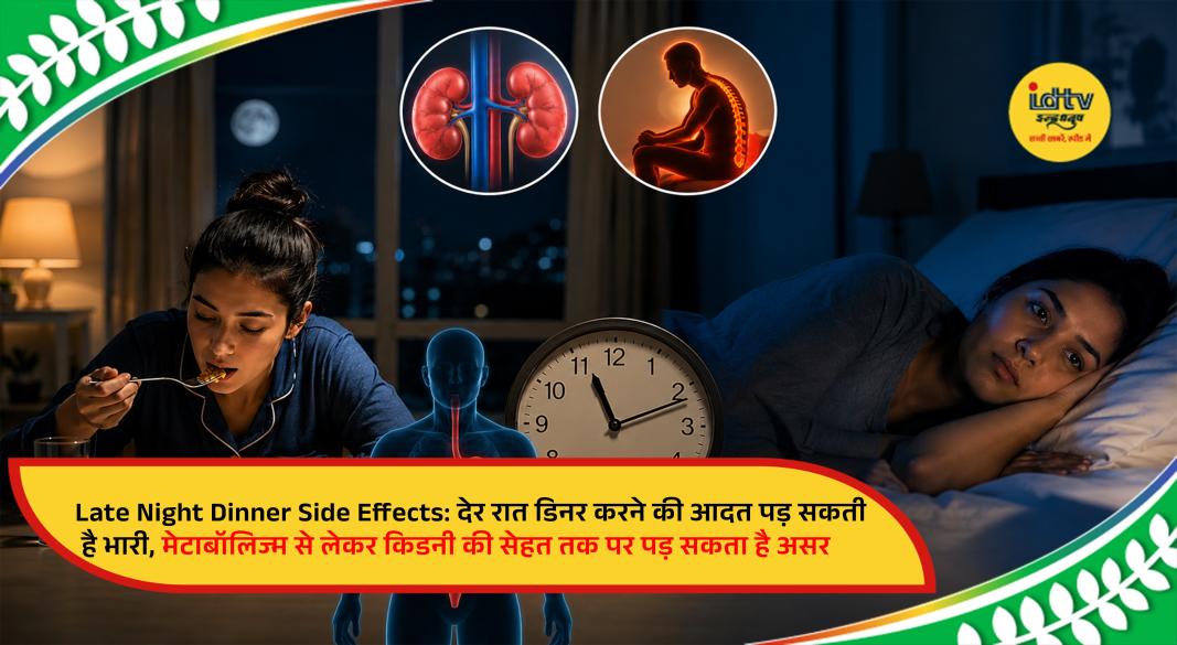 Person eating dinner late at night with a clock, highlighting the health risks of late-night meals on metabolism and kidney health.
