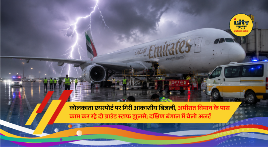 Ground staff near an Emirates aircraft at Kolkata airport after a lightning strike incident amid heavy rain and thunderstorm conditions.