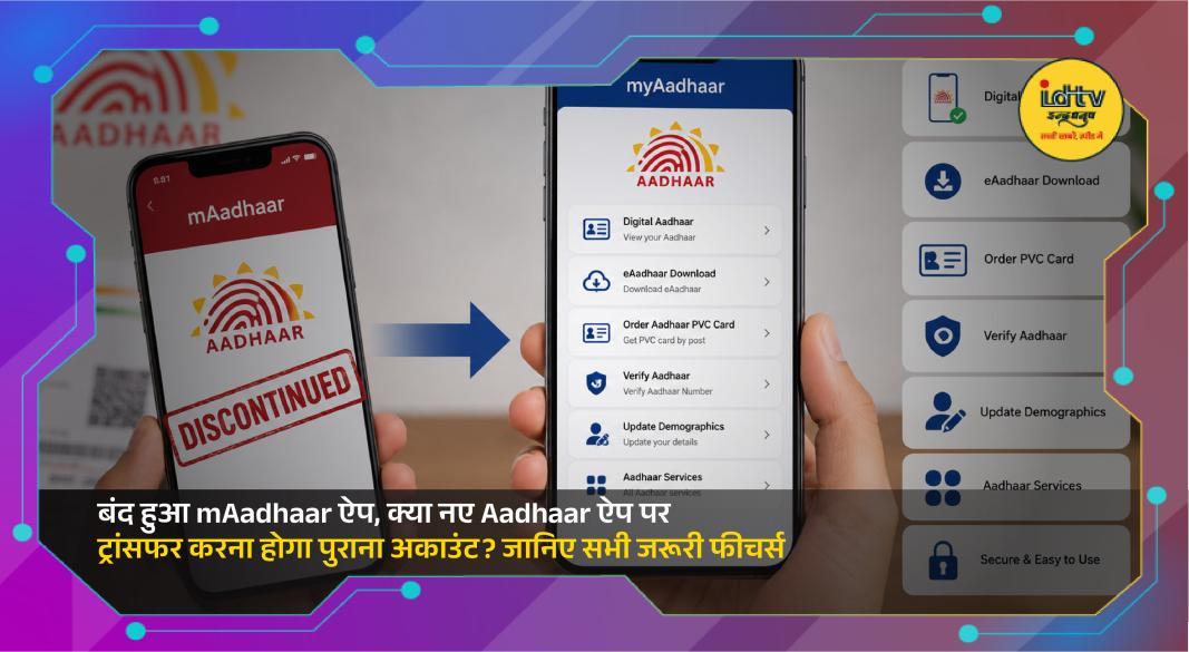 New Aadhaar app interface showcasing face authentication, QR sharing and biometric security features.