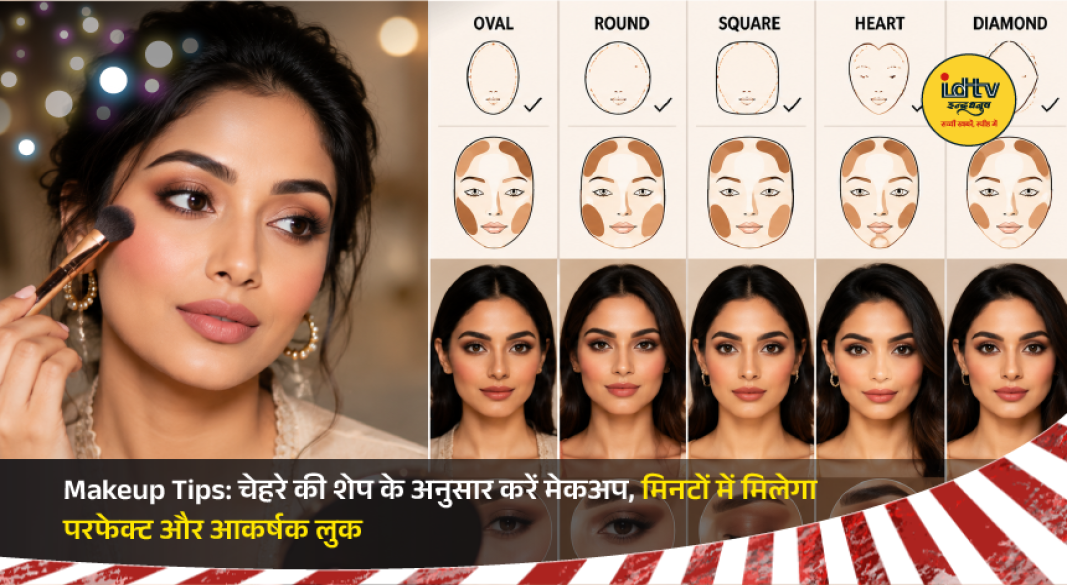 Makeup guide showing beauty techniques for round, oval, square, heart, and long face shapes.