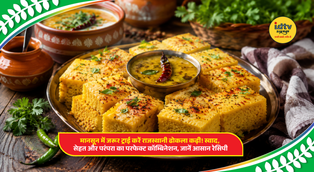Traditional Rajasthani Dhokla Kadhi served hot with steamed wheat dumplings, kadhi, onions, and green chilies.
