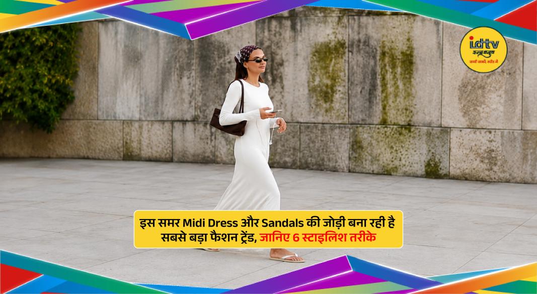 Woman styling a midi dress with trendy sandals for a chic summer fashion look