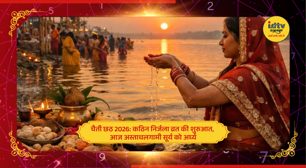 Devotees offering arghya to setting sun during Chaiti Chhath festival at river ghat with Pooja