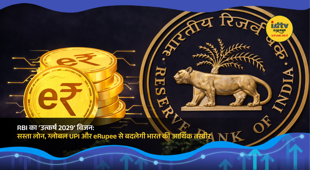 RBI headquarters with digital banking icons representing UPI expansion, eRupee and financial reforms under Utkarsh 2029 vision