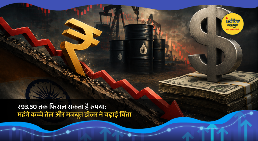 Indian rupee and US dollar notes with rising oil prices symbolizing currency depreciation concerns.