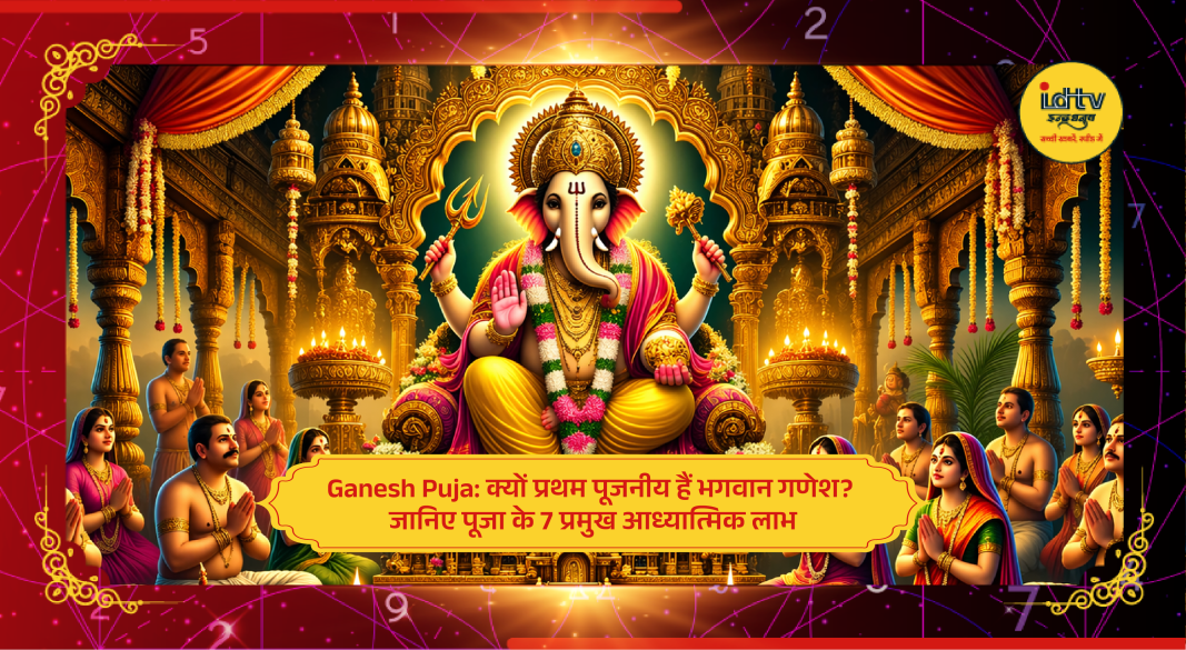 Devotees performing Ganesh Puja with idol, flowers, and lamps seeking blessings for prosperity and success.