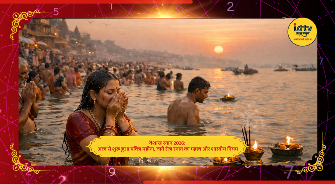 Devotees performing early morning holy bath during Vaishakh month with sunrise and river scene