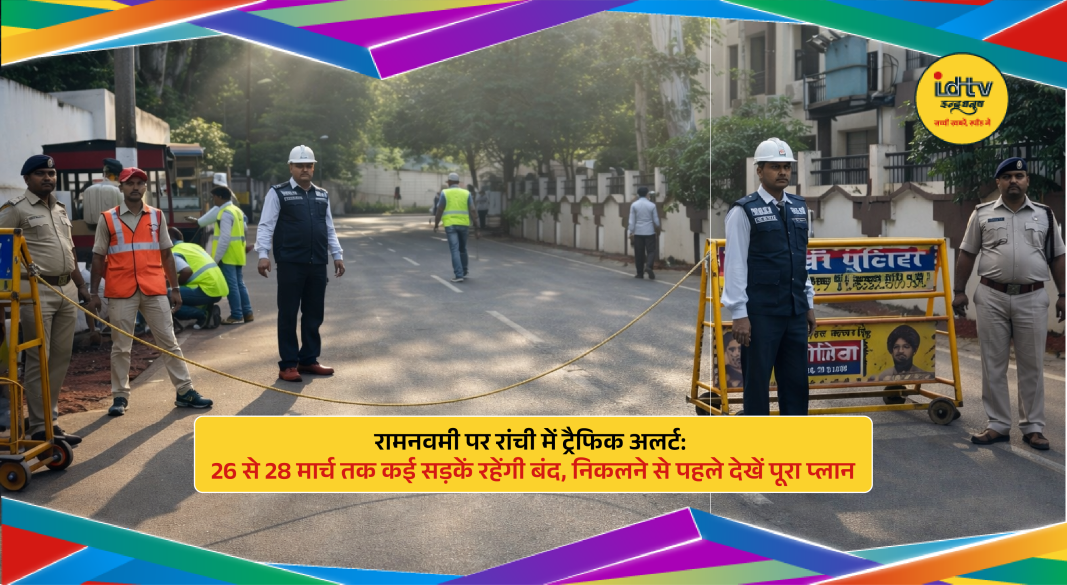 Traffic police managing road closures and diversions in Ranchi during Ram Navami procession and festival crowd