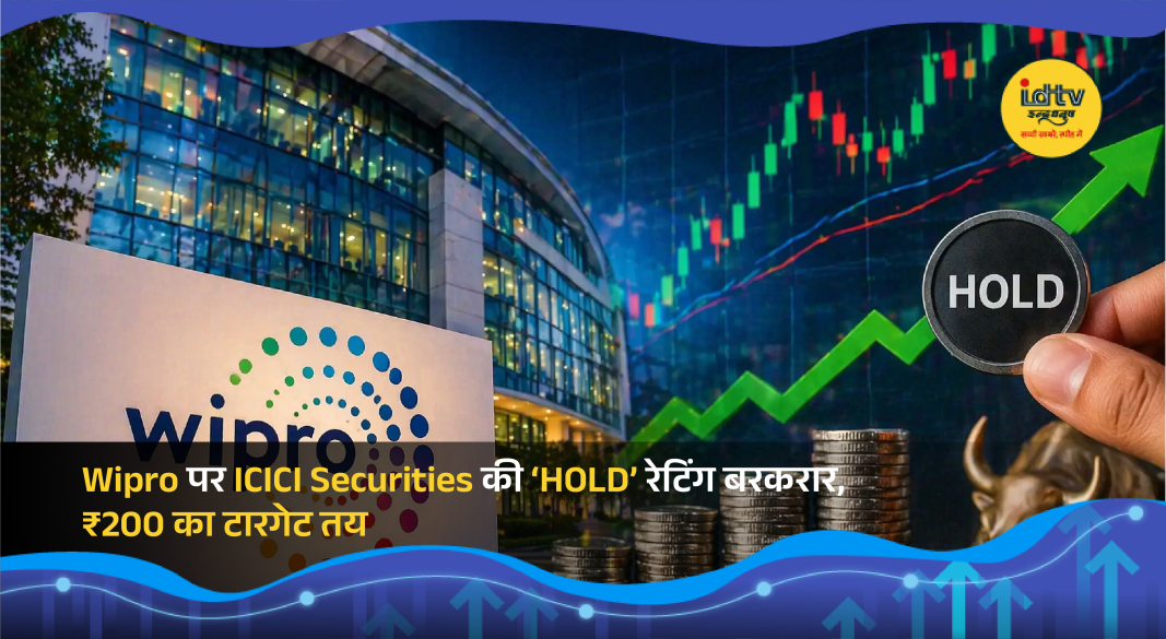 Wipro office building with stock market chart showing decline and analyst report overlay