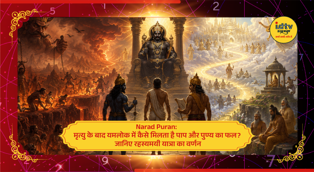 Artistic depiction of Yamraj, Chitragupta and souls traveling through the mystical path of Yamlok after death.
