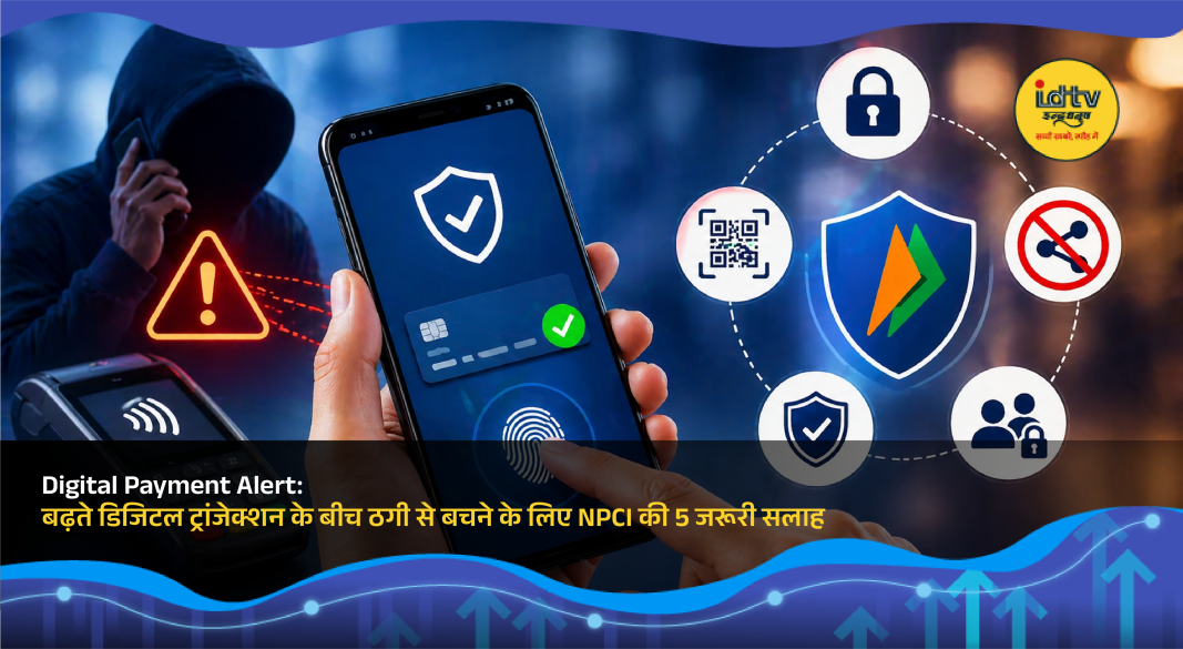 Person making secure UPI payment on smartphone with warning icons about online fraud risks