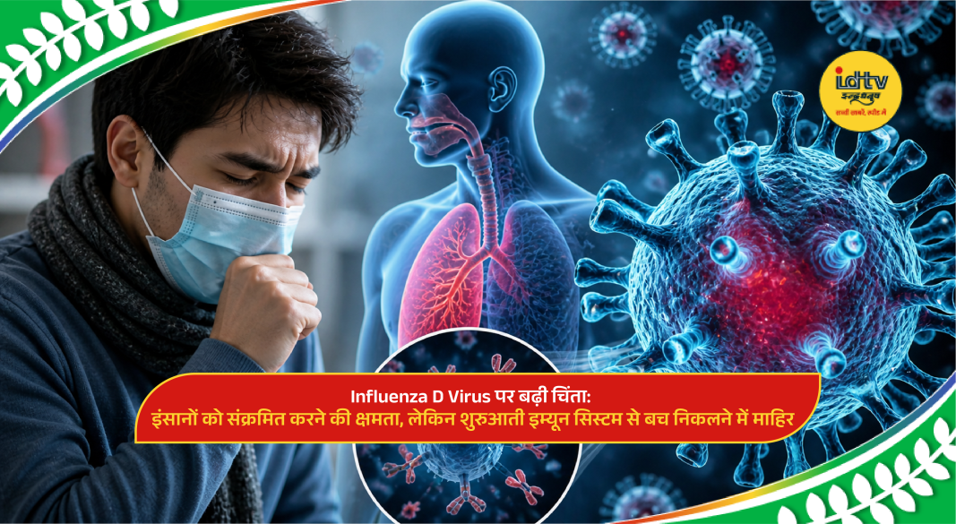 Microscopic view of Influenza D virus infecting human respiratory cells in lab research study