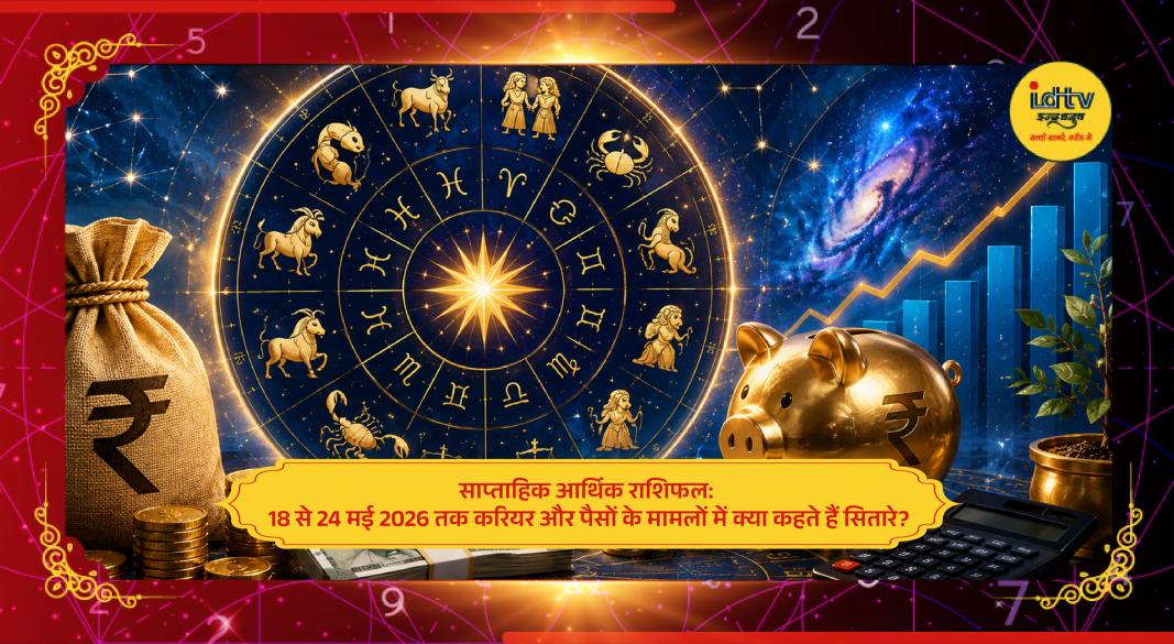 Weekly horoscope symbols with zodiac signs representing career growth, money matters and financial predictions for May 2026.