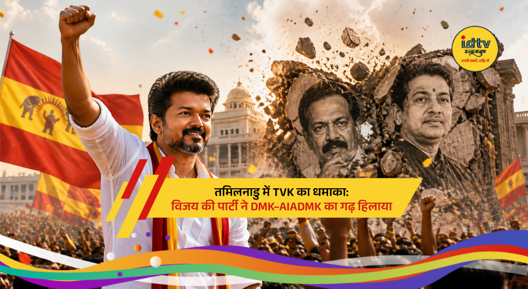 Actor Vijay addressing supporters as TVK gains massive lead in Tamil Nadu election results