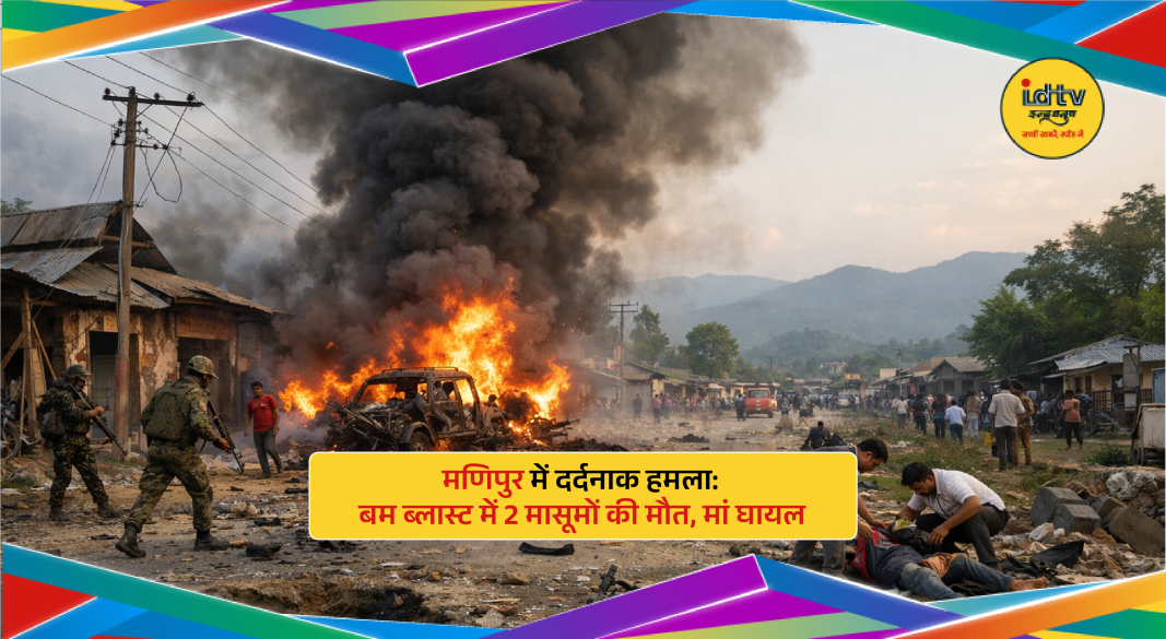 Explosion aftermath in Manipur village with damaged house and security forces at site