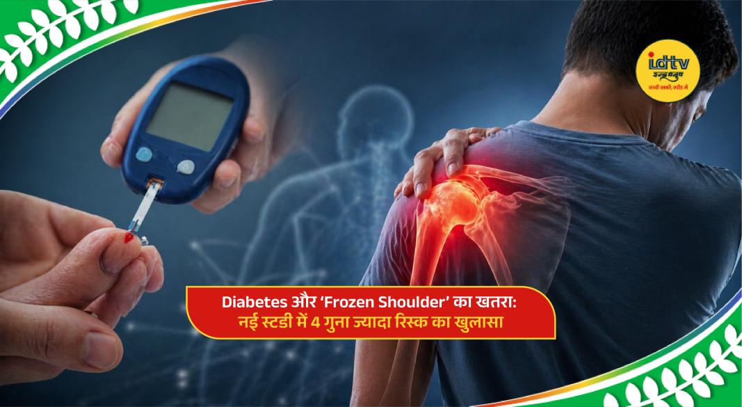 Medical illustration showing diabetic patient experiencing shoulder pain indicating frozen shoulder risk