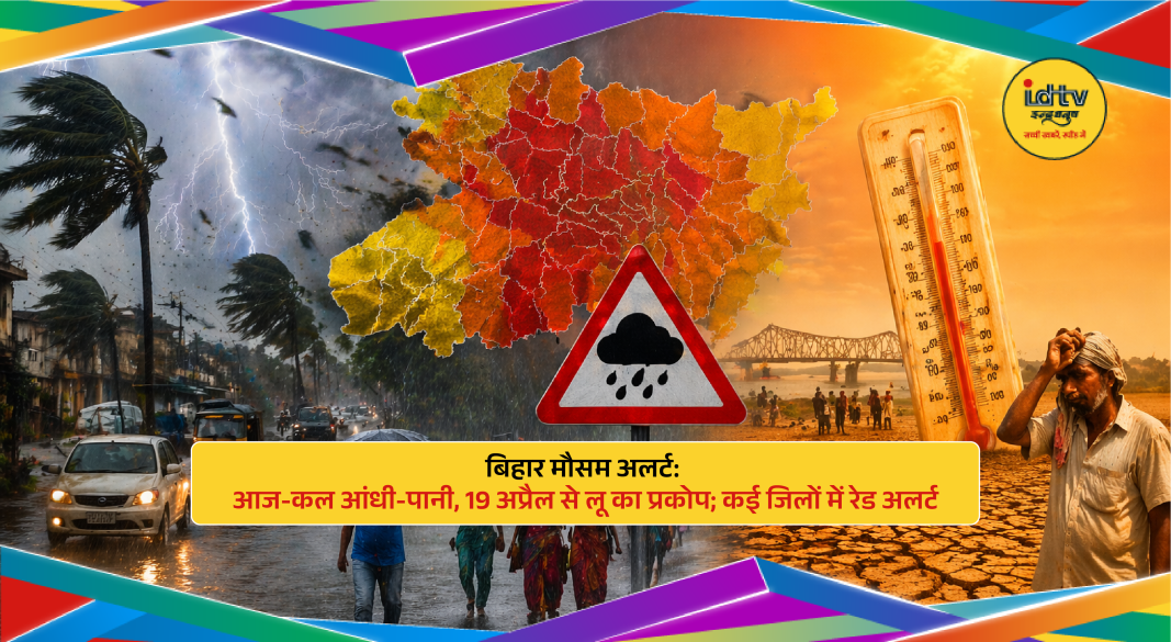 Bihar weather alert showing storm clouds, rainfall and heatwave conditions across different districts