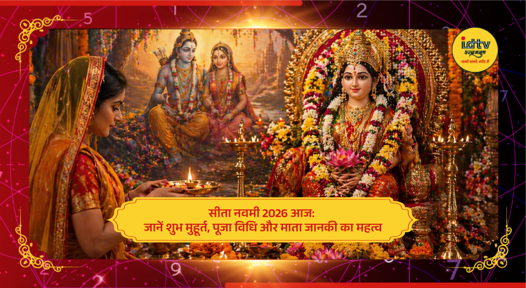 Devotees performing puja of Goddess Sita and Lord Ram with flowers, lamps, and offerings