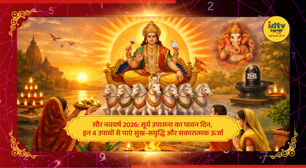 Devotee offering water to Sun God during Solar New Year celebration at sunrise.