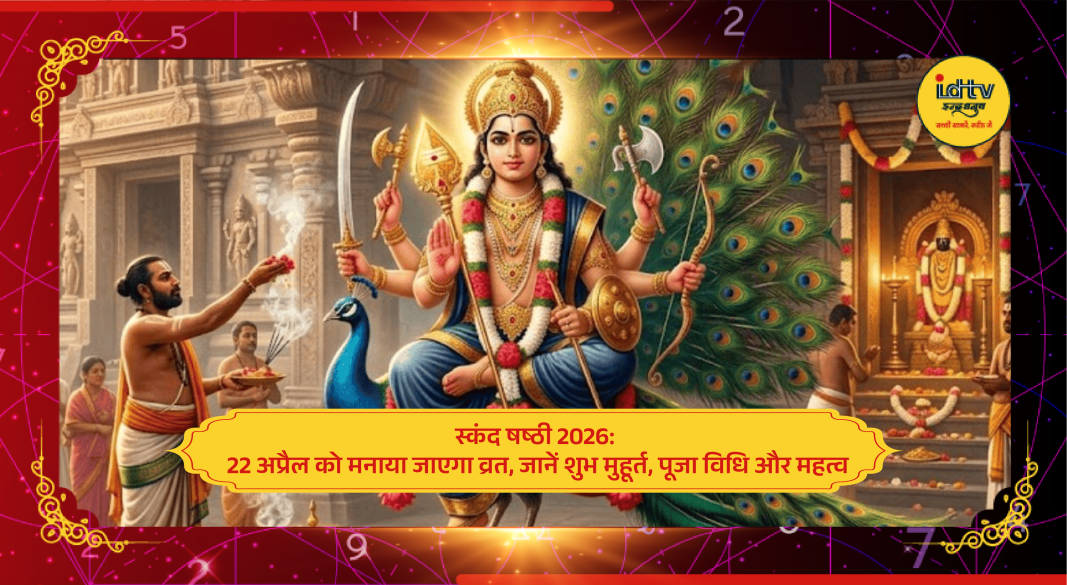 Devotees performing Skanda Shashti puja with offerings and Lord Kartikeya idol on auspicious day